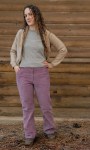 tasha in purple cord pants